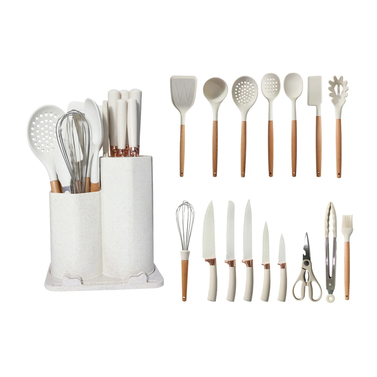 19 Pcs Kitchenware Set Kitchen Gadgets Cuttings Board Storage Bucket Wooden Handle Silicone Utensils Set