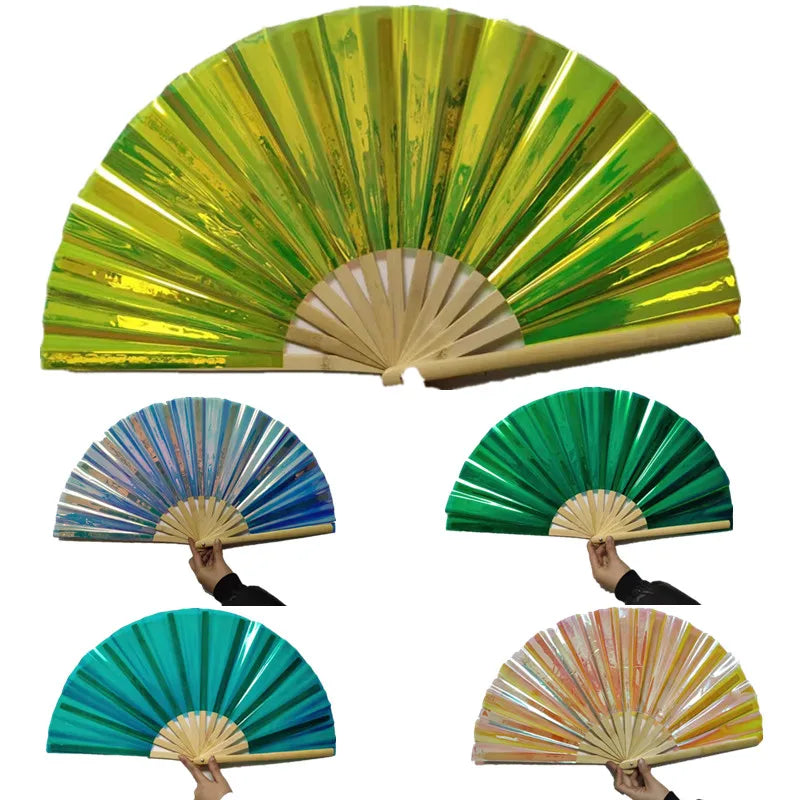 FAREA 2026 Popular Folding Fan Bamboo Craft PVC Holographic Iridescent Reflective Large Hand Fans for Parties