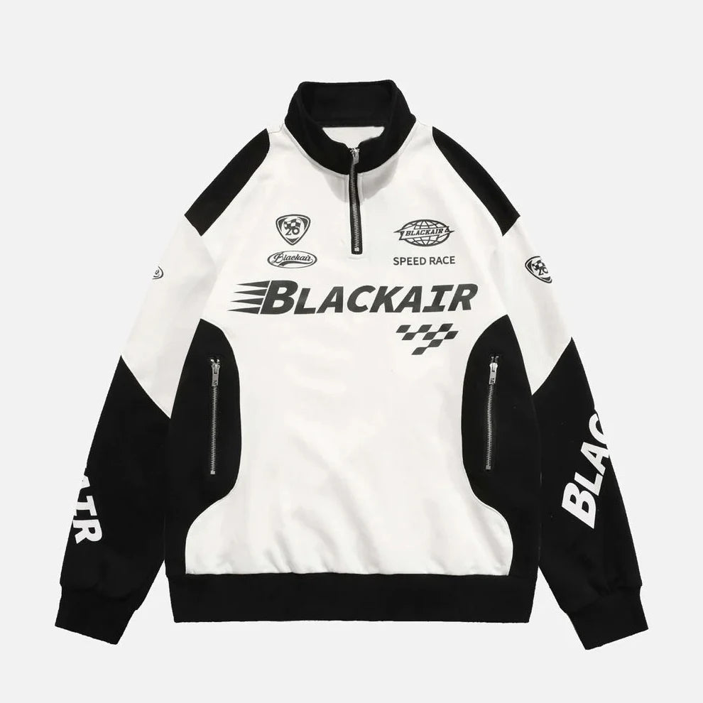 1/4 Zipper Racing Sweatshirt for Men Stand Embroidered Motorcycle Print Pockets Half Zip Patchwork Sweatshirts for Spring Racing
