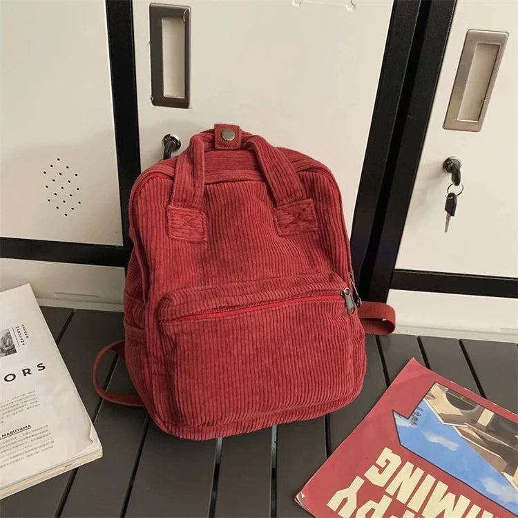 Casual Blue Elegant Modern Customizable Retro Style Fashion Waterproof Medium Corduroy Backpack for University Girls