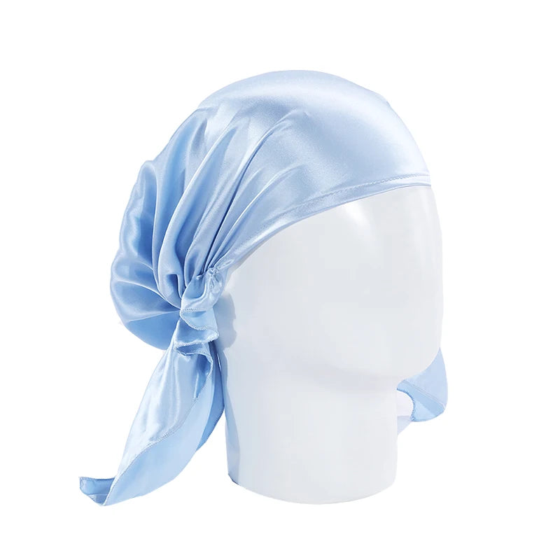 Custom Luxury logo Long Large Braid Hair Women Head Sleeping Bonnets and Silk Hair Wraps with Tie and Scarf