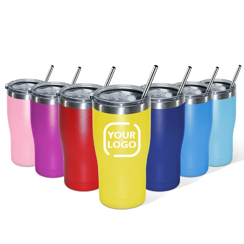 Customized Logo 20oz 30oz Coffee Leak Proof Stainless Steel Scratch-Resistant Powder Coating Curved Tumbler with Lid and Straw