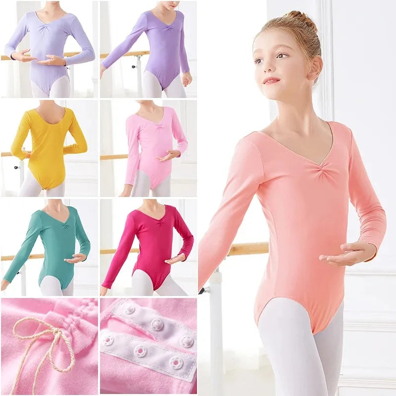 Girls Long/Short Sleeve Cotton Ballet Dance Costume Kid-Friendly Turnpakje Leotard for Training Dancewear