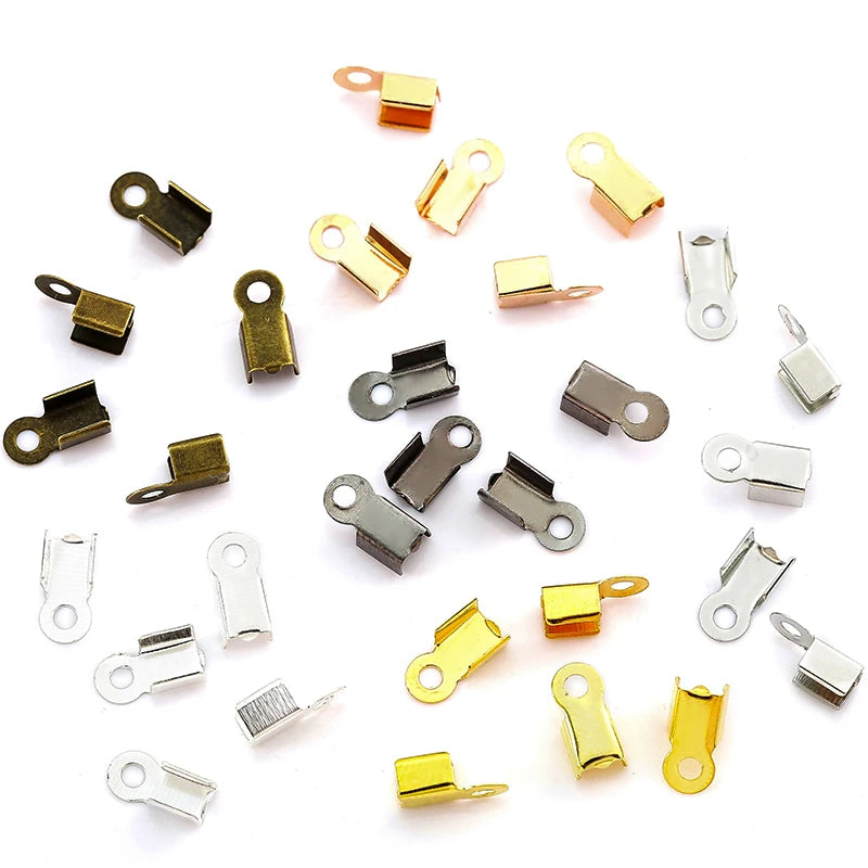 200pcs/bag 3mm 4mm Metal Rope Fastener Crimp Fold Over Cord End Leather Clip Connector for DIY Jewelry Making Findings