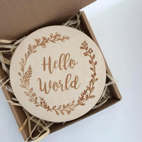Hello World Wood Discs 3mm Thick 10cm Round Newborn Photography Props Milestone Disc