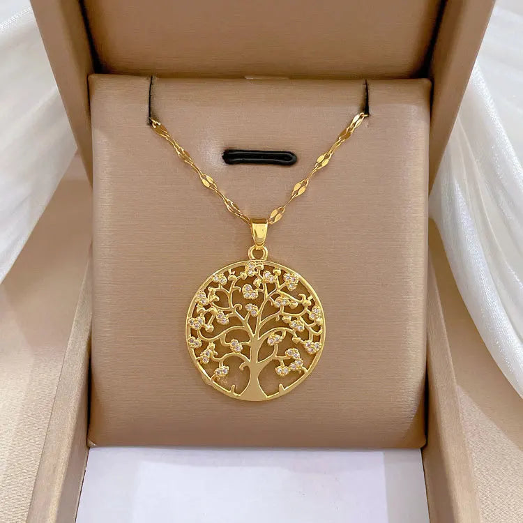 SC Hot Selling Stainless Steel Big Round Pendant Necklace Women All-match Gold Plated Full Diamond Tree of Life Necklace