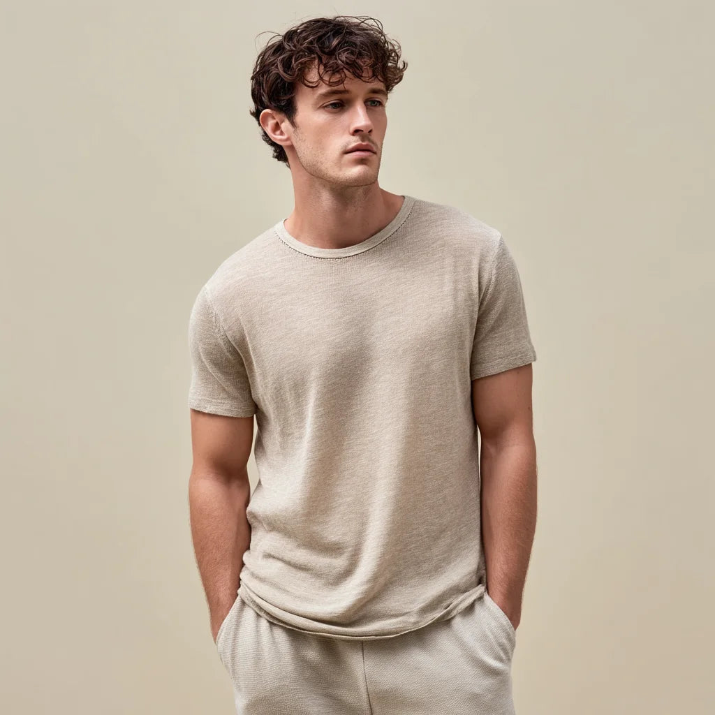 Men's Lightweight Linen-Cotton Knit Tee Minimalist Solid Pattern Summer Essential Casual Wear Versatile Sweater Blank Design
