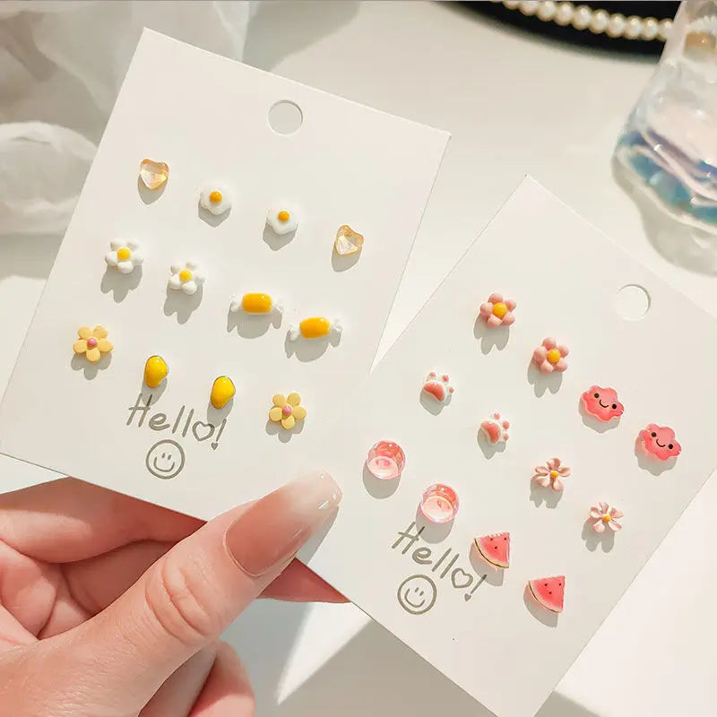 New S925 Candy-colored Silver Needle Ceramic Earrings Set Summer Small Cute Girls Flower Fruit Stud Earrings Set for Women