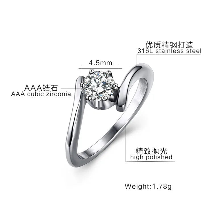 New Fashion Silver Jewelry Women's Stainless Steel Cubic Zirconia Engagement Ring Diamond Wedding Rings