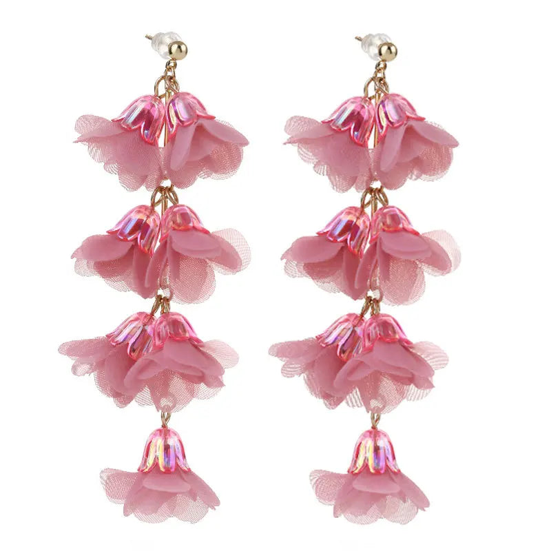 DUYIZHAO Factory Direct Sale Ins Style Handmade Gold Statement Fabric Blooming Flower Long Earrings for Women Gift Daily Wear