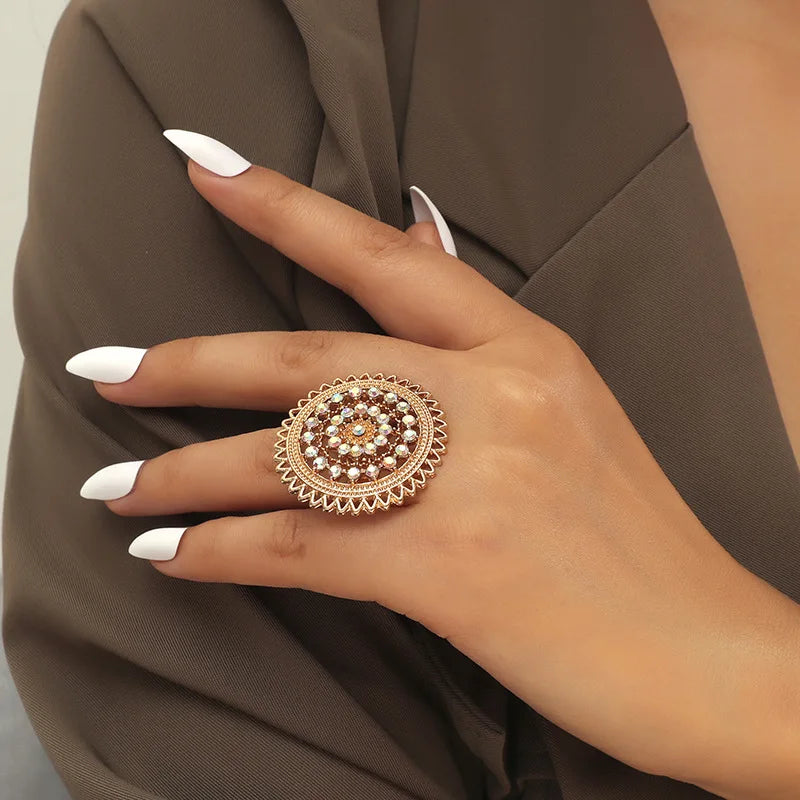 European and American Round Hollow Diamond Ring Retro Ethnic Style Exaggerated Ring Jewelry