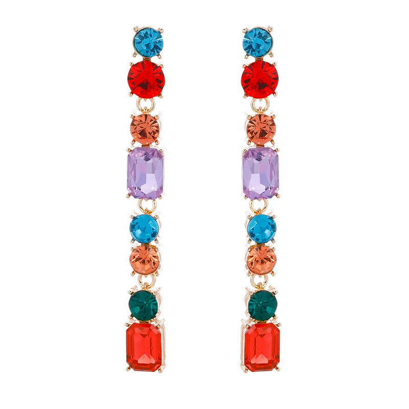Boho Long Gemstone Square Stud Earrings Sparkle Rhinestone Crystal Tassel Dangle Geometric Earrings