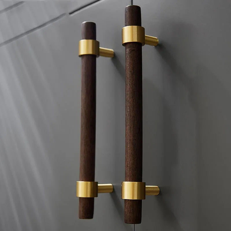 American Style Furniture Wooden Handles Natural Wood+Brass T Bar Door Drawer Pulls Minimalist Kitchen Cabinet Knobs for Bedroom