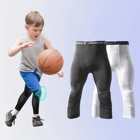Children Basketball Pants With Honeycomb Knee Pads Compression Tights Four-Way Stretch Leggings