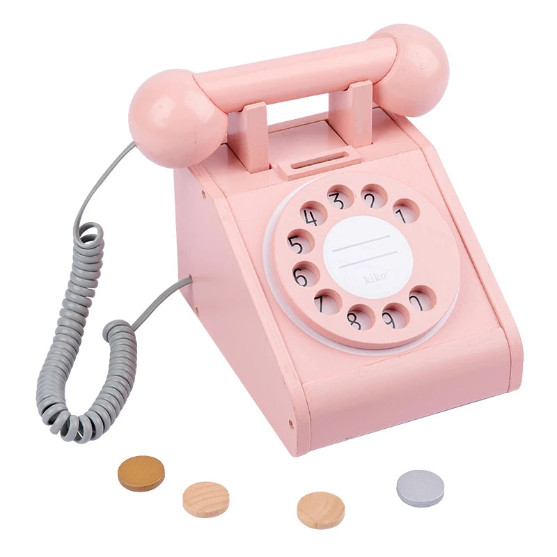 Wooden Vintage Telephone Educational Toy with Pretend Turntable Set for 5 to 7 Years Unisex Kids Role-playing Game