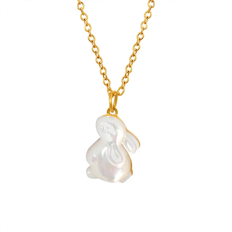Natural White Shell Cute Rabbit Pendant Exquisite Necklace 18k Gold Filled Stainless Steel Necklace