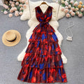 Gentle Style Open Back Floral Suspender Dress With V-neck Tie up Waist Seaside Vacation Layer by Layer Ruffle Hem Large Swing
