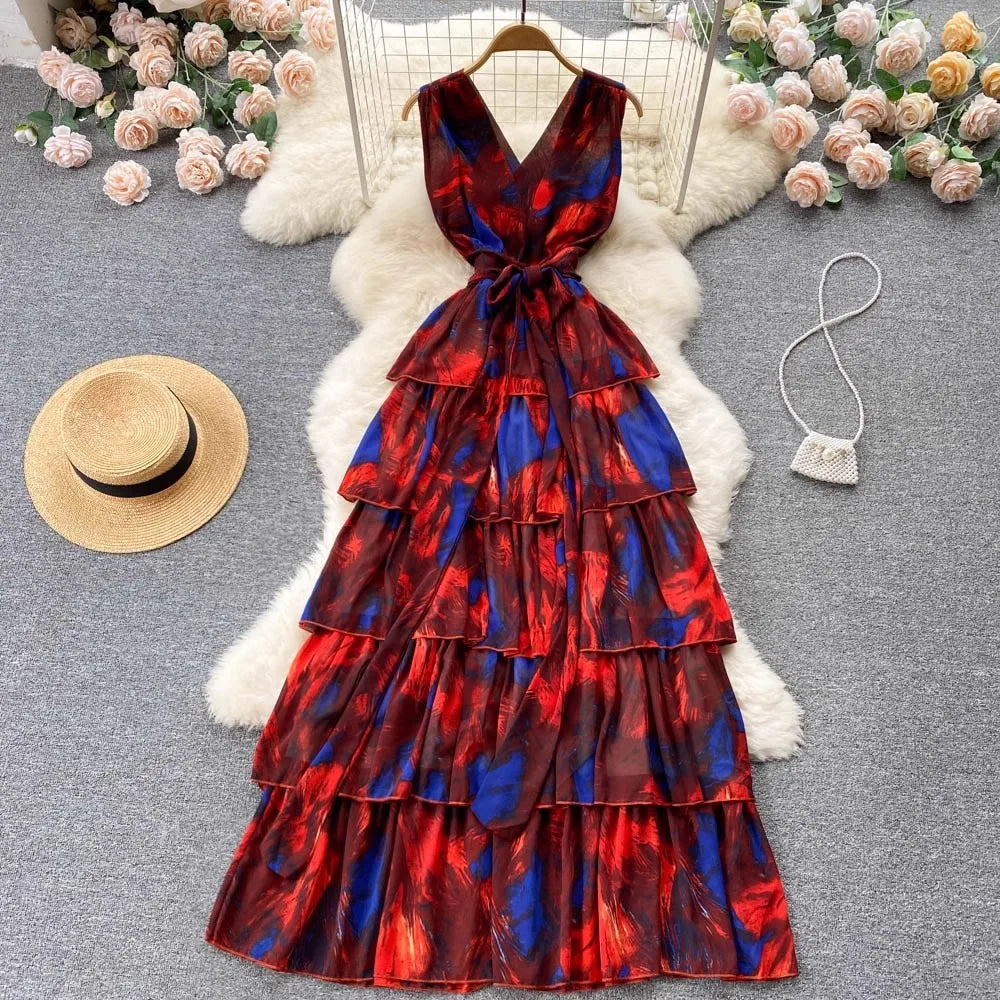 Gentle Style Open Back Floral Suspender Dress With V-neck Tie up Waist Seaside Vacation Layer by Layer Ruffle Hem Large Swing