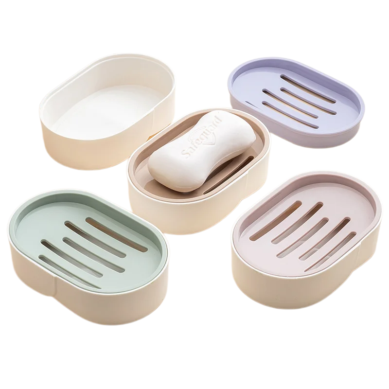 Hotel Bathroom Double Layer Eco-Friendly Fashionable Plastic Soap Storage Holder with Drain Tray and Lid