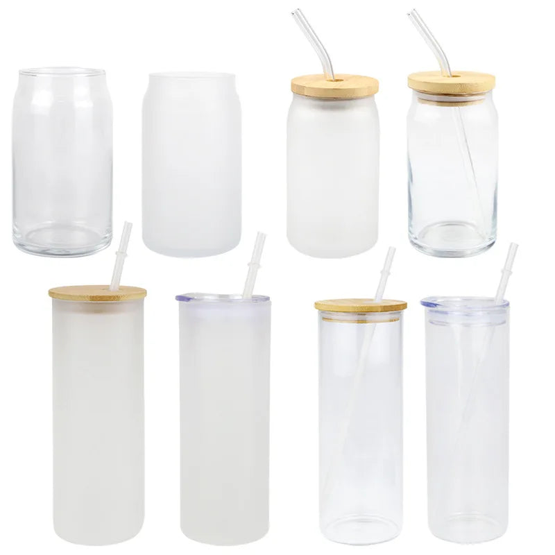 Wholesale Customizable 12oz 16oz Water Juice Blank Sublimation Beer Can Shaped Soda Glass Can with Bamboo Lid