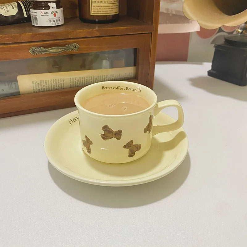 Korea Ins Cream Vintage Bear Ceramic Mug and Saucer Set Light Luxury Afternoon Tea c
