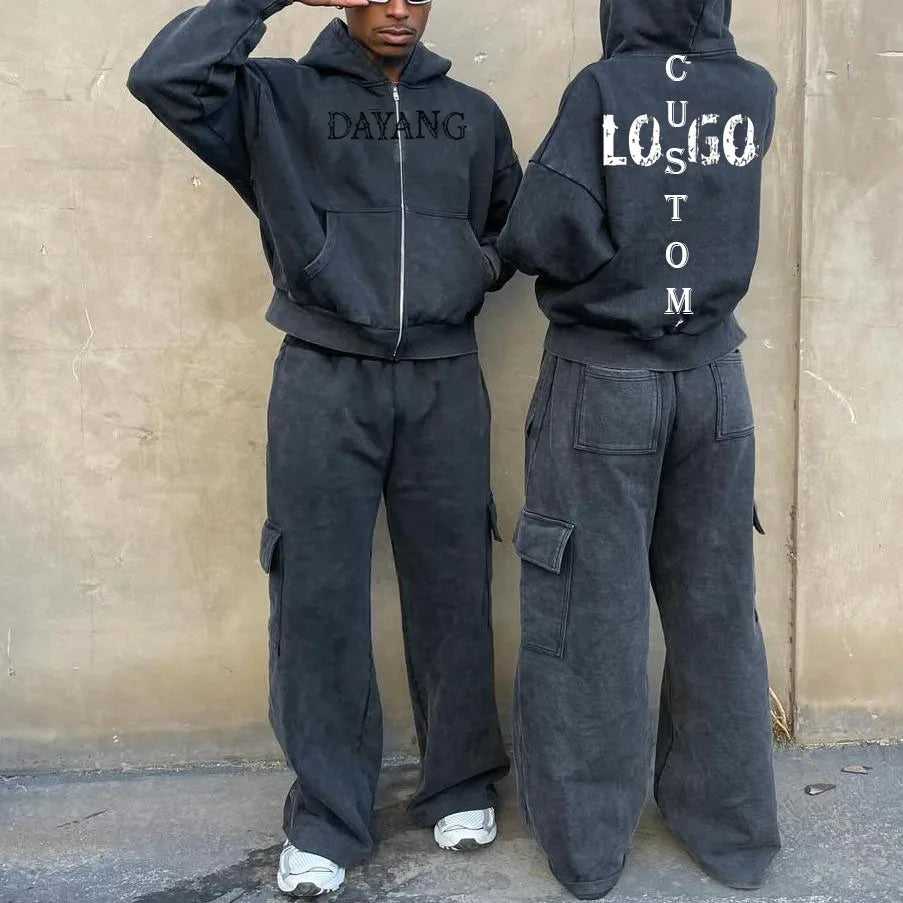 Low MOQ Casual Sports Street Wear Custom Acid Wash Black Tracksuit with Hooded Collar Knitting Fabric Letter Pattern for Autumn