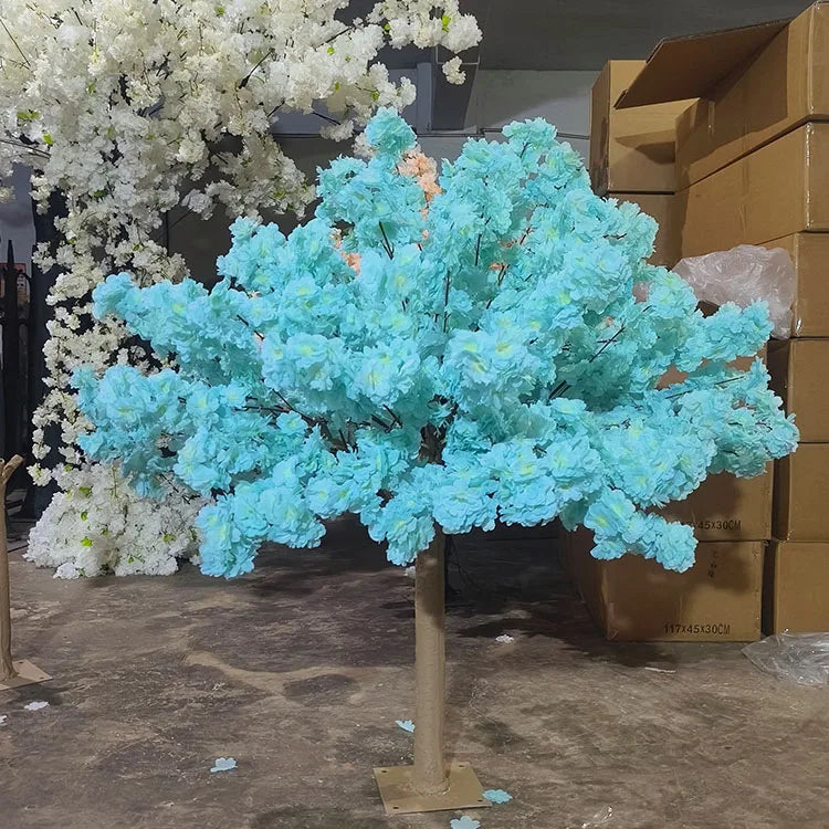 C01 Cheap Blue Fake Plastic Floral Silk Cherry Blossom Flower Centerpiece Artificial Sakura Tree for Wedding Table Decoration