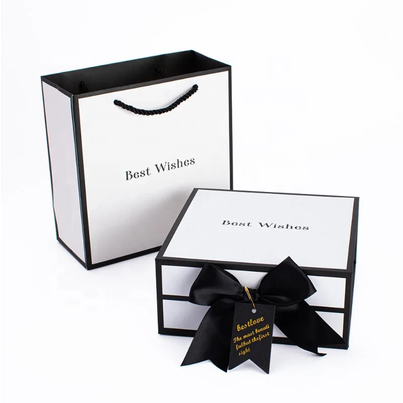 Custom Luxury White Cardboard Black Border Recycled Materials Embossing Gift Box with Bow Unique Packaging
