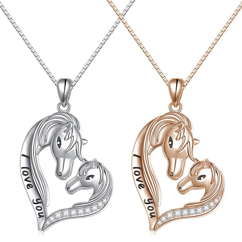 GP135 S925 Sterling Silver Jewelry Animal Forever Love Heart Horse Necklace Pendant Gift for Women Girls Mother Mom