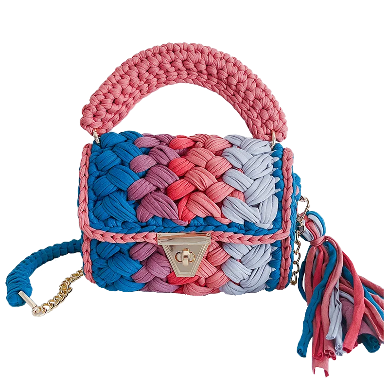 2023 T Shirt Yarn Crochet Bags Rainbow Striped Crochet Wrist Bag Women Handbags Knitted Cotton Bag