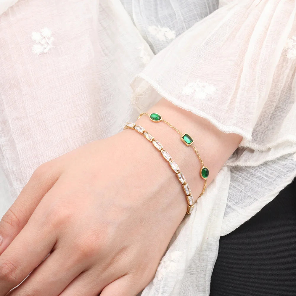 Chris April 316L Stainless Steel PVD Gold Plated Tennis Emerald Zircons Bracelets