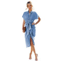 2023 Women Studded Button Splicing Cardigan Denim Dresses Ladies Elegant Vintage Lace-up Shrink Waist Lapel Neck Casual Dress