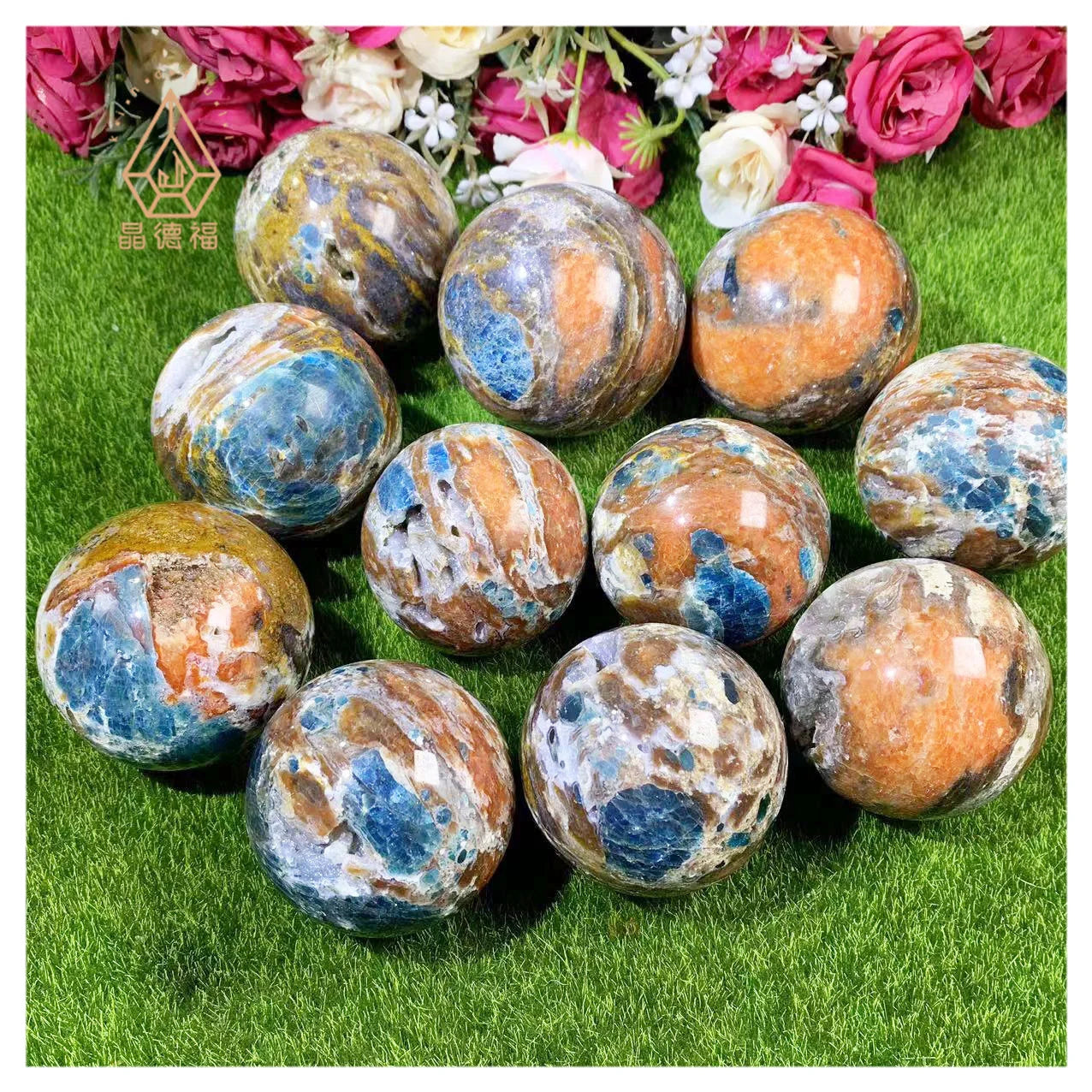 Kindfull Nature Crystal Blue Apatite Mixed Sun Stone SPhere Fengshui Large Gemstone Apatite Symbiosis Spheres for Sell