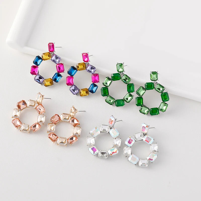 2023 New Arrived Crystal Hoop Earrings Jewelry Women Multi-colored Rhinestone Glass Geometric Stud Earrings