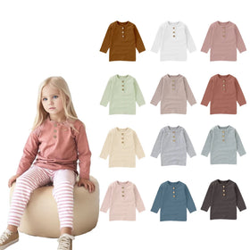 Whosale Low MOQ Long Sleeve Rib Elastic Baby Children T Shirt Kids Cozy Basic Top