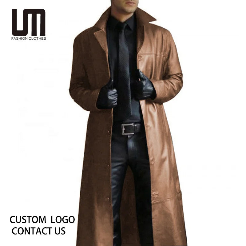 Cheap Autumn Winter New Products Men Fashion Long Sleeve Faux Leather Windbreaker Trench Jacket Coat