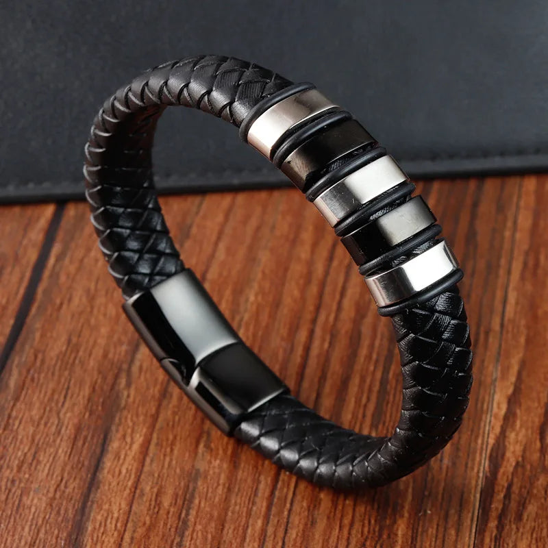 New Simple Design Stainless Steel Clasp Real Genuine Leather Bracelet Men Bangle Jewelry L20265