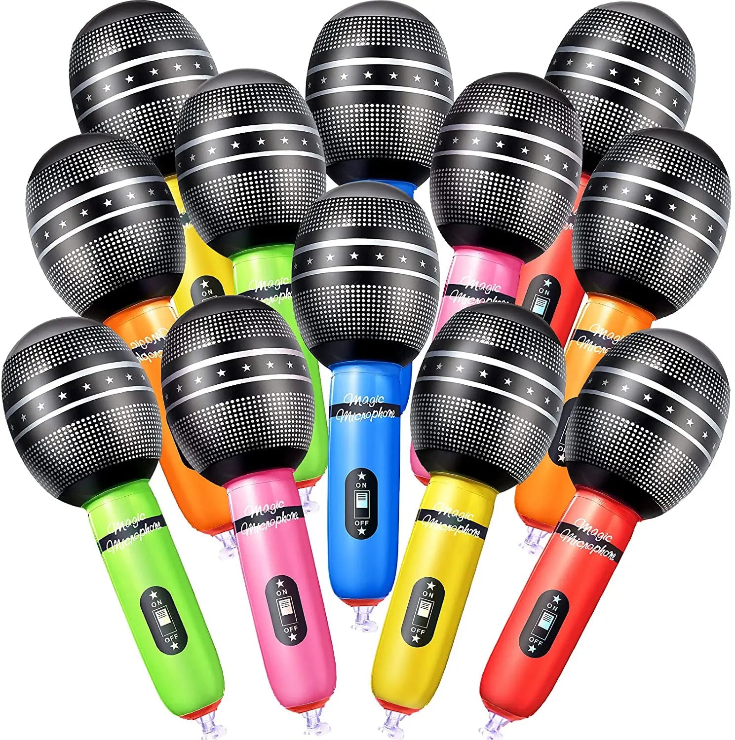 Waterhan 12-Piece Waterproof Multi-Color Cartoon Fantasy Themed Inflatable Microphone Toys Electric Air Pump 6-8ft