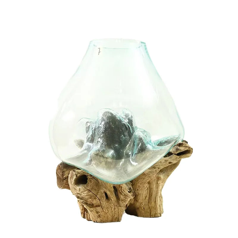 Modern Desktop Decoration Hydroponic Green Plants Vase Natural Solid Wood Base Transparent Glassware for Simple Home Decoration