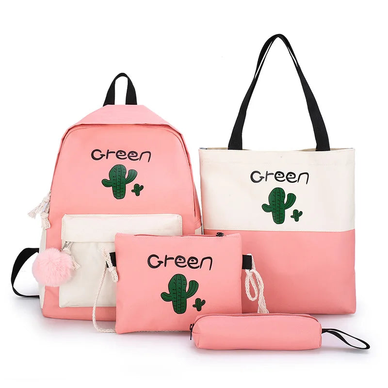 College Style Canvas Backpack Pencil case 4pcs Sets Fashion Girl Handbag Canvas Tote Bag