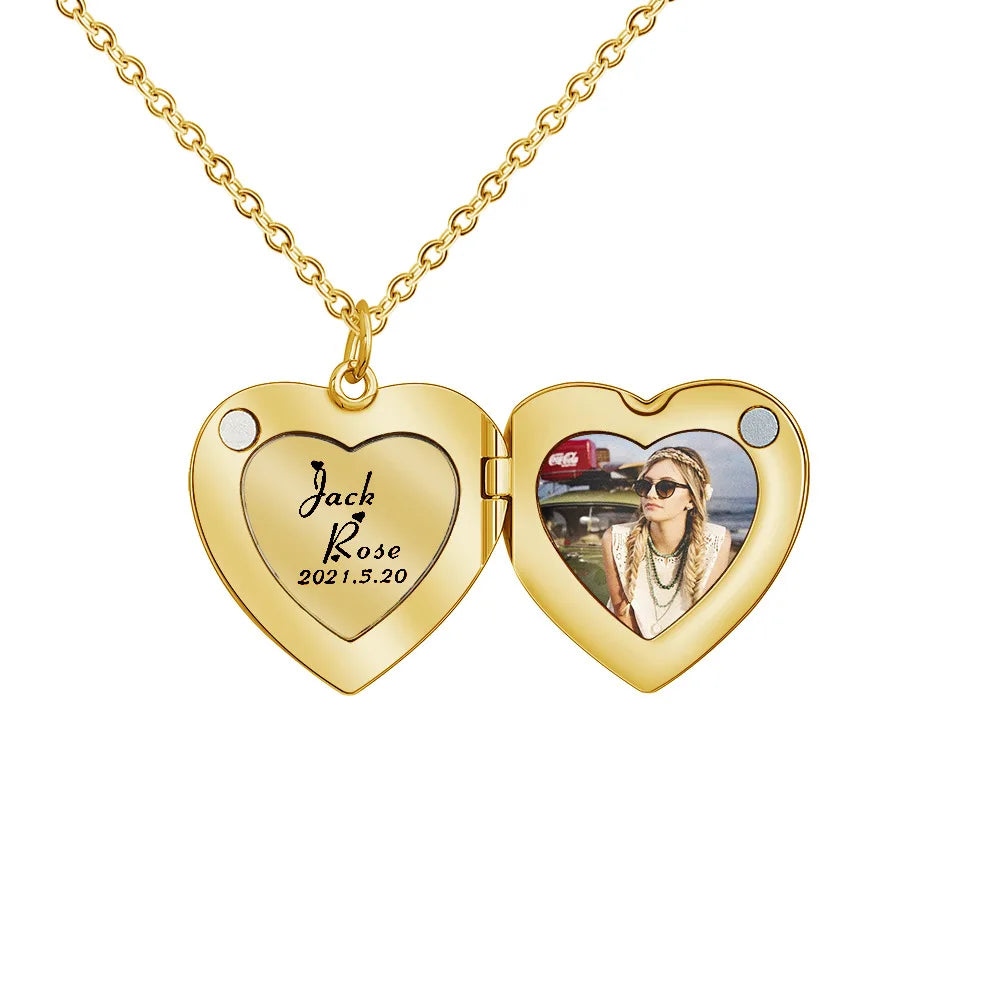 Women's Custom Picture Heart Locket Necklace Gold Plated Brass Rope Chain with Zircon for Parties