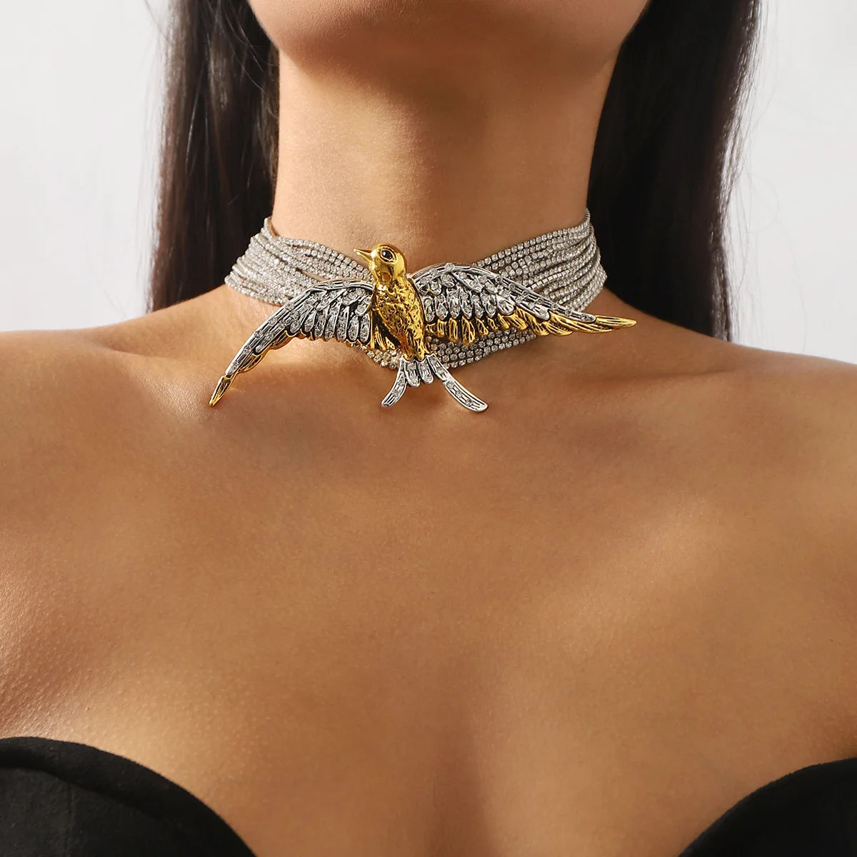 Fashion Statement Bird Crystal Necklace Multi Layer Swallow Shaped Rhinestone Tennis Chain Necklace for Women