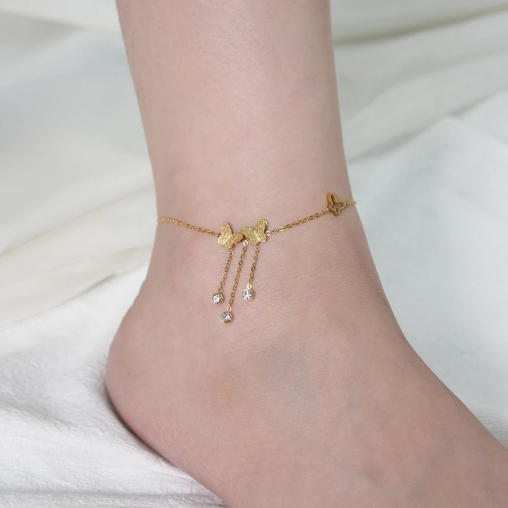 2022 Fashion Butterfly Anklets Frosted Zircon 18K Gold Plated Stainless Steel Ankle Bracelets for Women