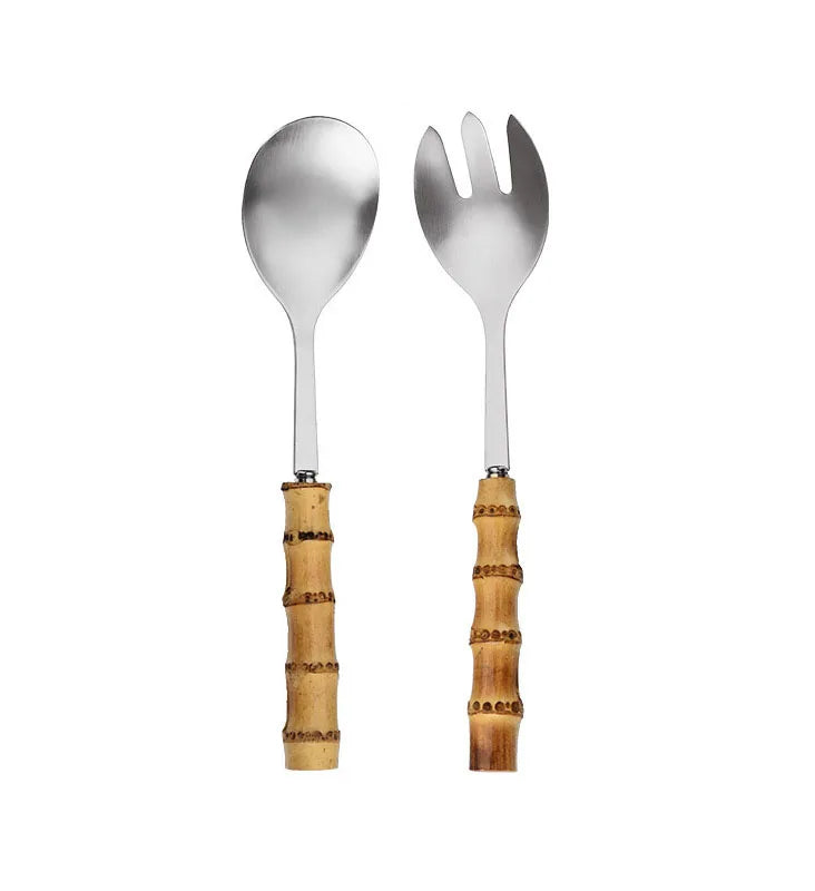 Big Serving Spoon Fork Stainless Steel Salad Mixer Spork with Bamboo Handle