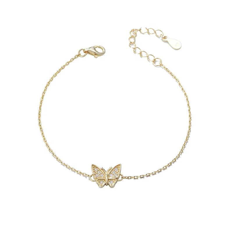 Classic Beautiful Insect S925 Sterling Silver Zircon Bridal Link Chain Peishang Adjustable Butterfly Charm Bracelet Jewelry