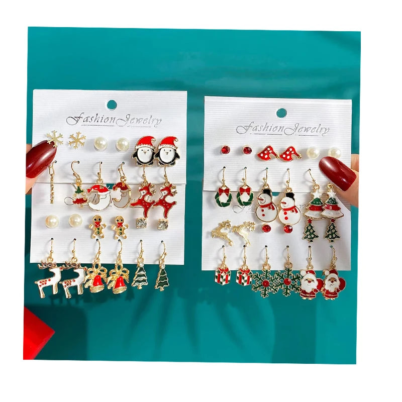 6Pcs/Set Christmas Earrings Oil Drop Santa Claus Christmas Tree Elk Earring Set for Women Jewelry Wholesale