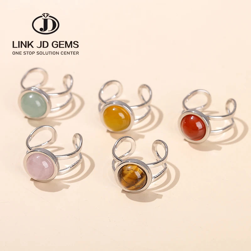 JD Natural Gemstone Round Stainless Steel Adjustable Open Ring Women Men Fashion Energy Cabochon Reiki Healing Finger Rings