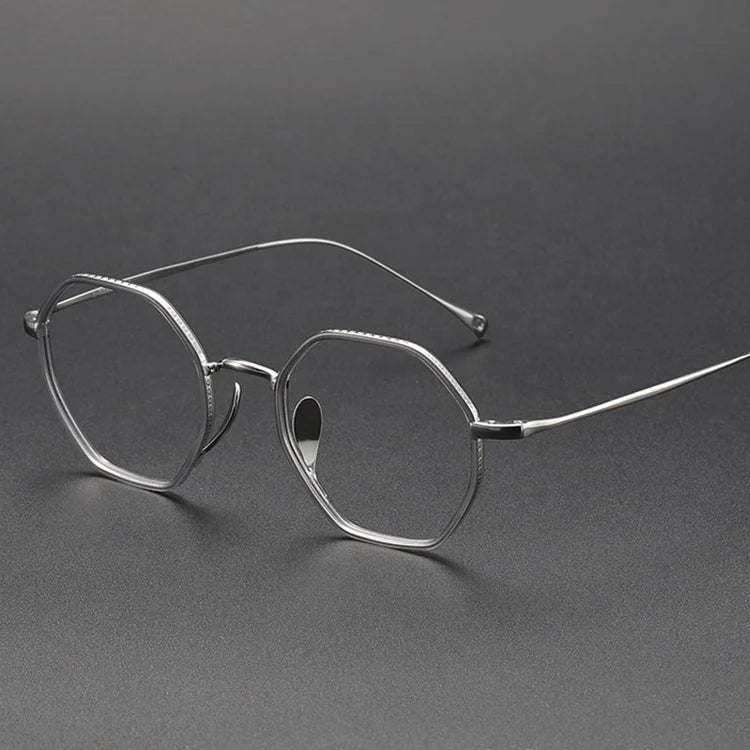Designer Hexagon Eyewear Fullrim Titanium Optical Frame Gray Silver Fashion Eyeglasses with Solid Pattern Light Weight