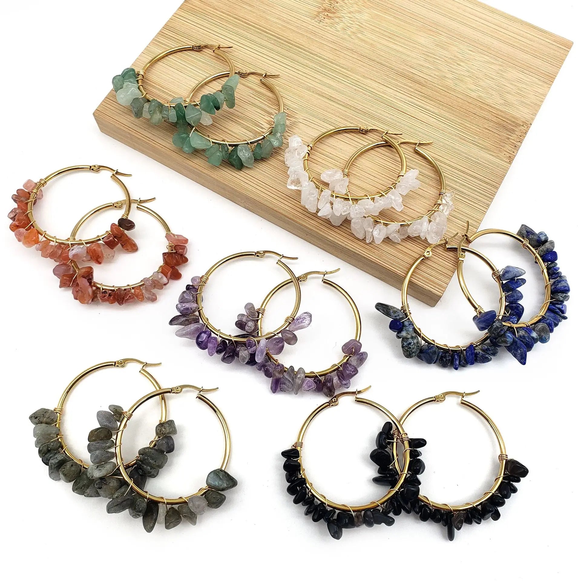 Retro 4cm Circle High Quality 18k Gold Plated Stainless Steel Black Crushed Stone Multi Color Crystal Stone Hoop Earrings