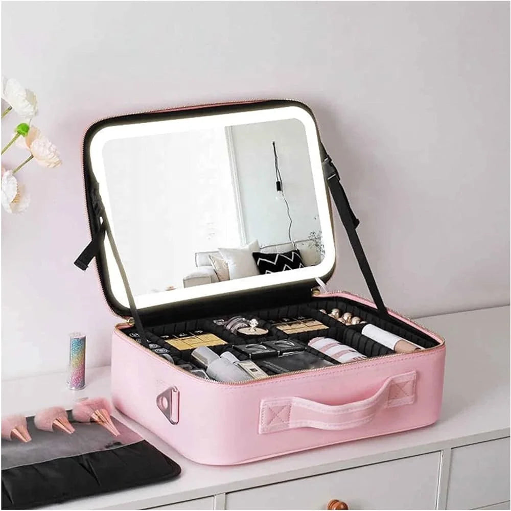 2024 New Arrival LED Makeup Mirror with Portable Cosmetic Case Organizer Bag with Adjustable Dividers